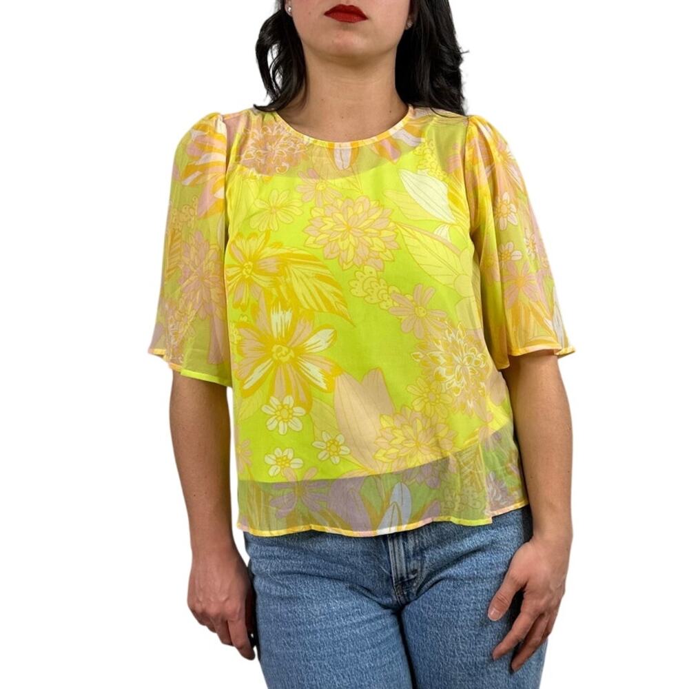 Modcloth Fluttering Outta Sight Blouse in Neon Yellow Floral